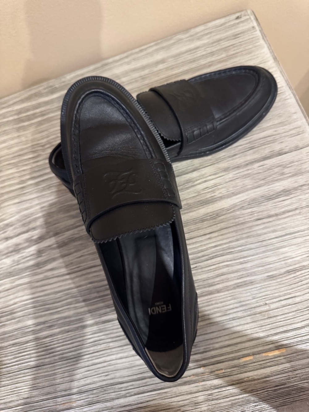 Fendi Black Leather Penny Loafers with Embossed FF Logo - Picture 4 of 5